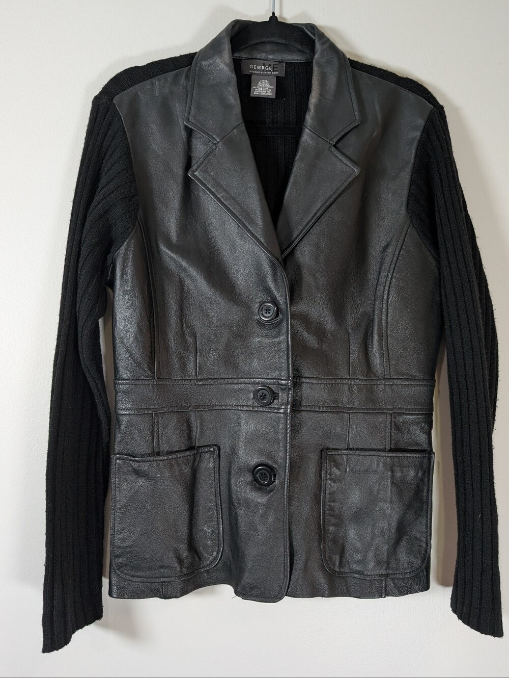 Vintage George Black Leather Blazer with Knit Sleeves Y2K